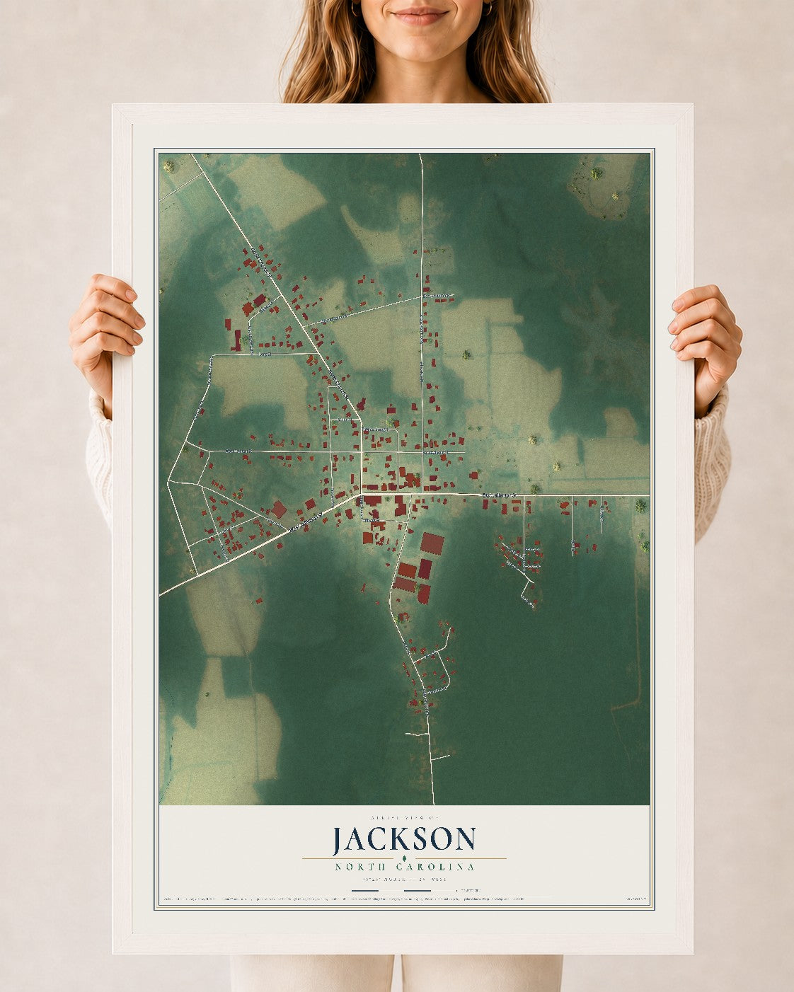 Map of Jackson, North Carolina, 24 x 36 inch print in a white wood frame