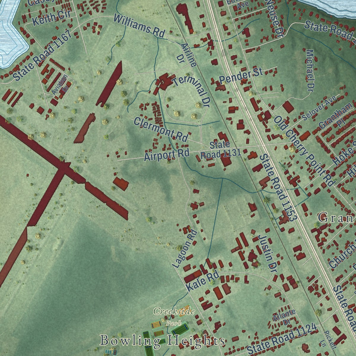 Close-up of the map of James City, North Carolina print showing street and building detail