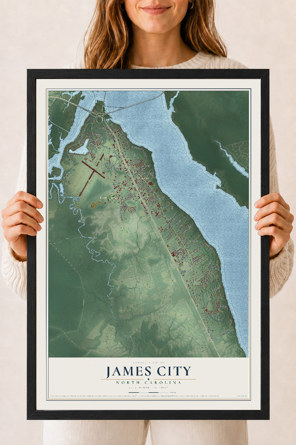 Map of James City, North Carolina, 18 x 24 inch print in a black wood frame