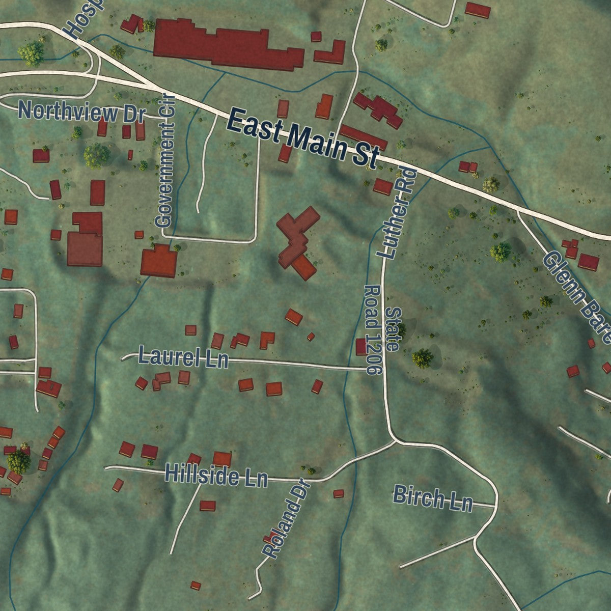 Second close-up of the map of Jefferson, North Carolina print showing more streets and buildings