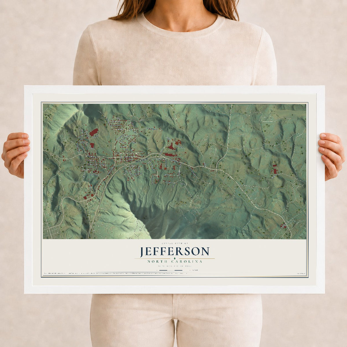 Map of Jefferson, North Carolina, 12 x 18 inch print in a white wood frame