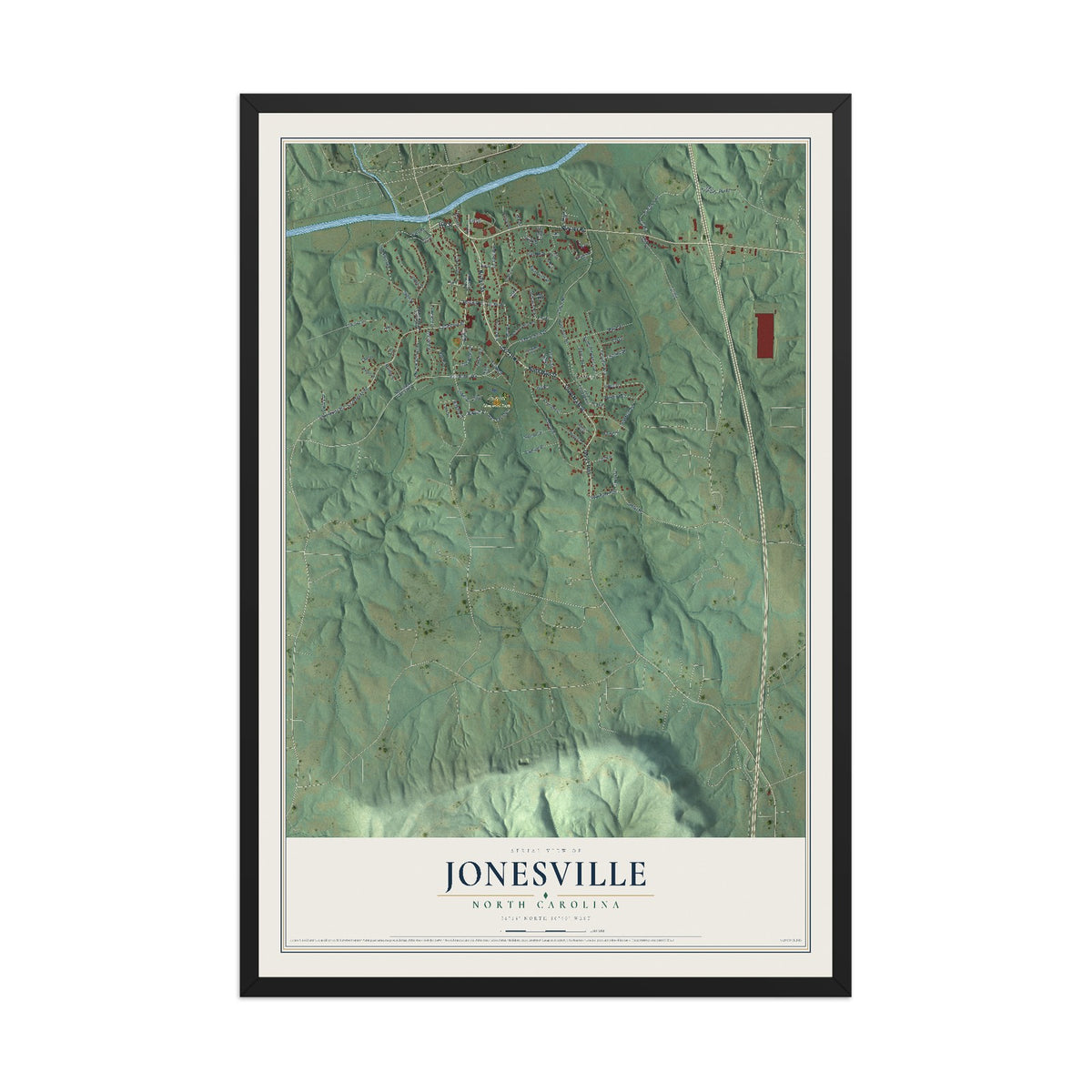 Map of Jonesville, North Carolina, 12 x 18 inch print in a black wood frame