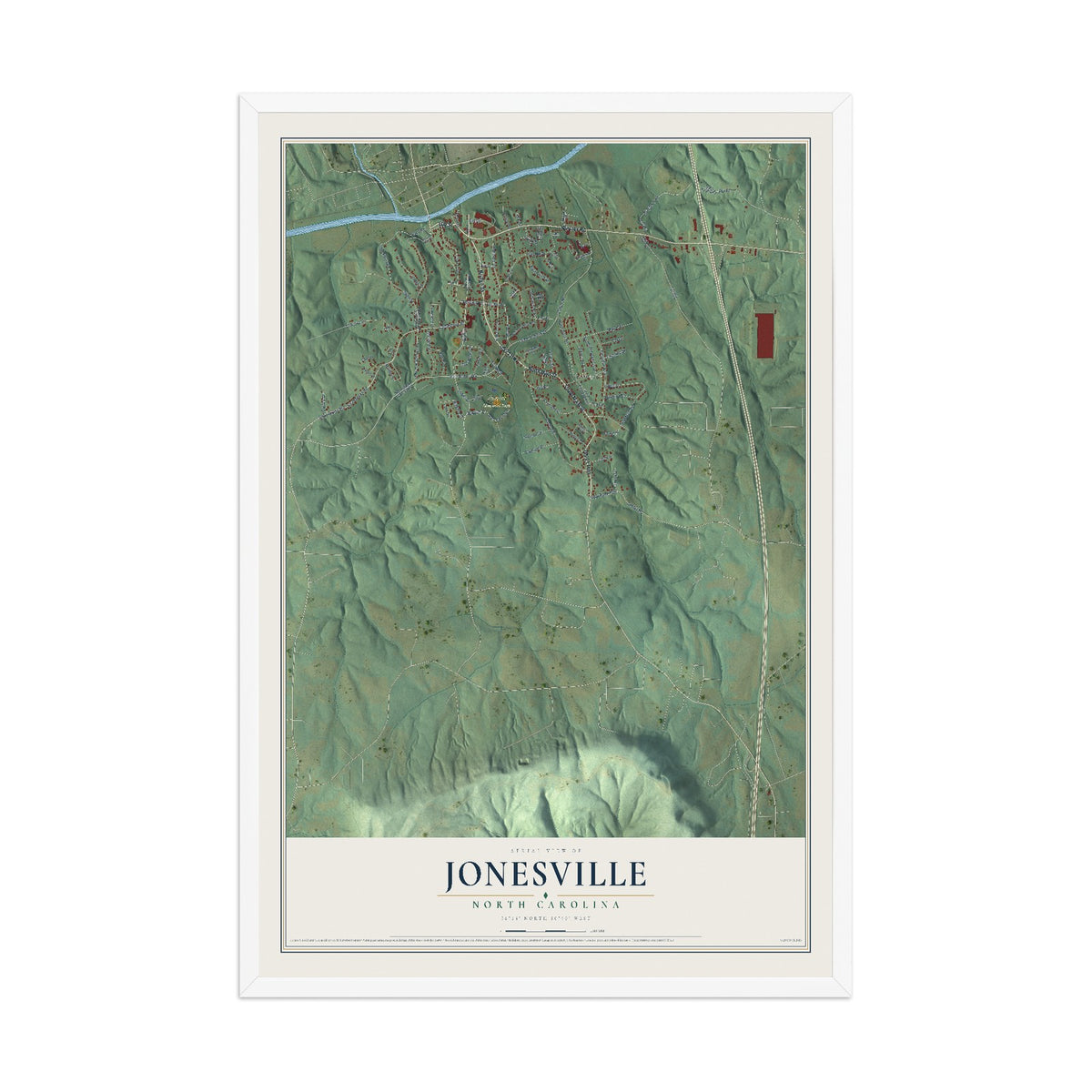 Map of Jonesville, North Carolina, 12 x 18 inch print in a white wood frame