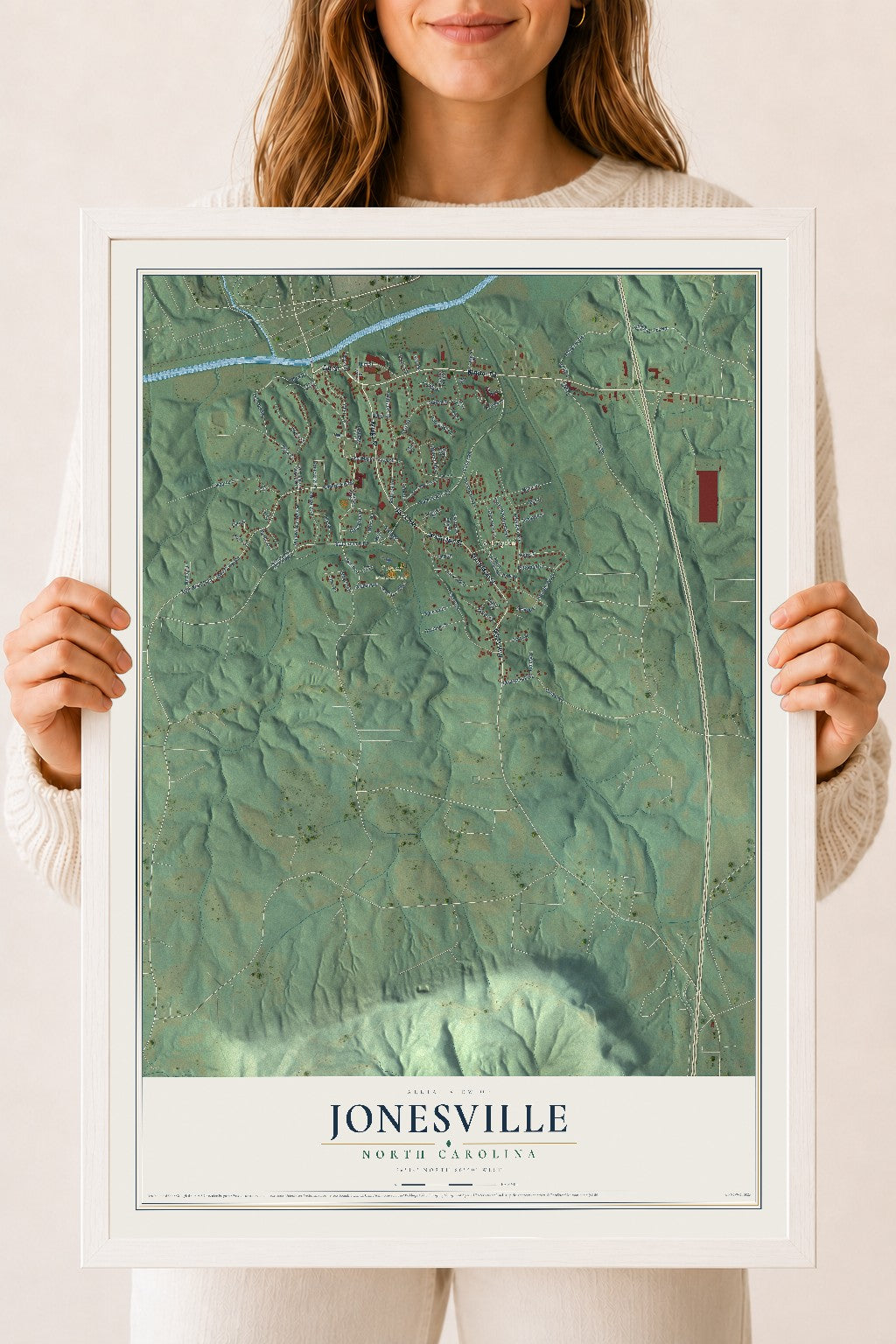 Map of Jonesville, North Carolina, 18 x 24 inch print in a white wood frame