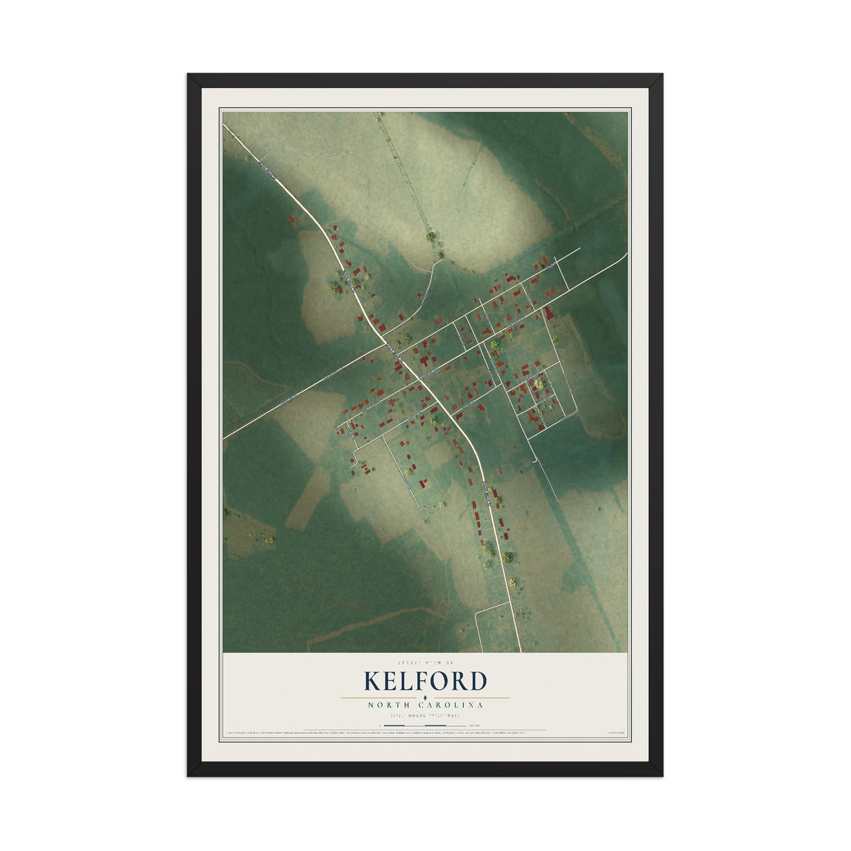 Map of Kelford, North Carolina, 12 x 18 inch print in a black wood frame