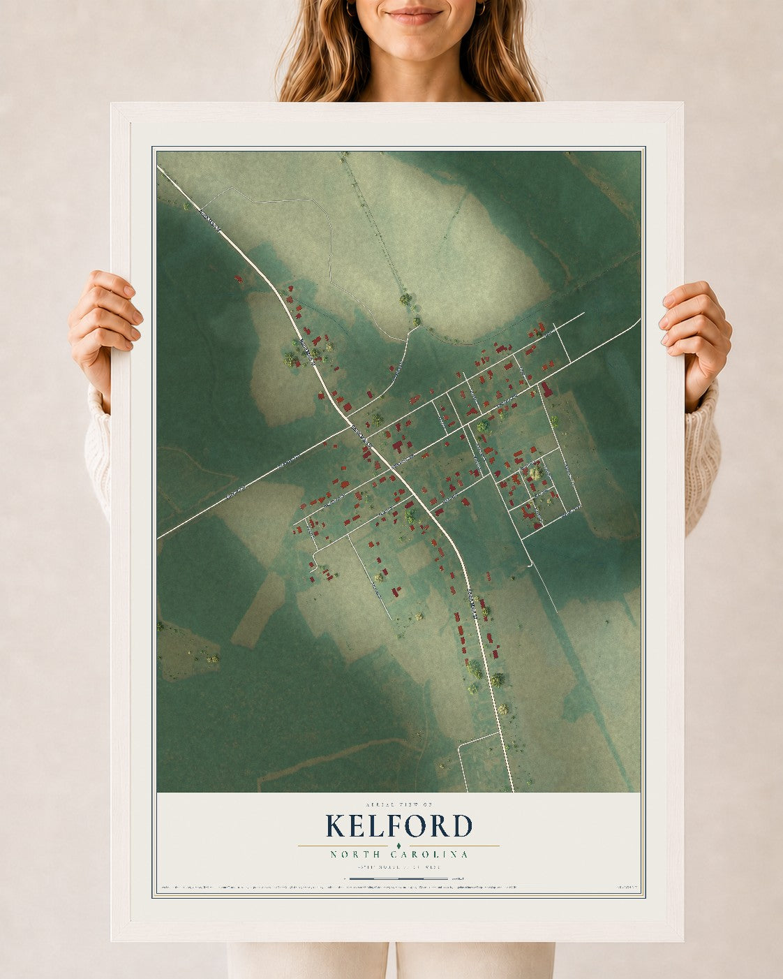 Map of Kelford, North Carolina, 24 x 36 inch print in a white wood frame