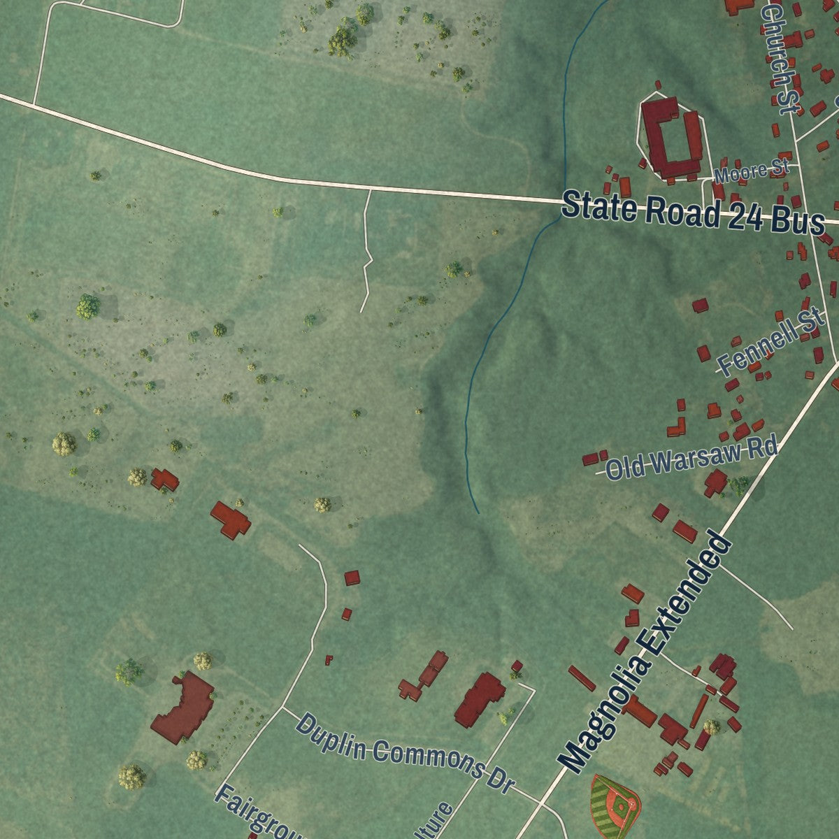 Second close-up of the map of Kenansville, North Carolina print showing more streets and buildings