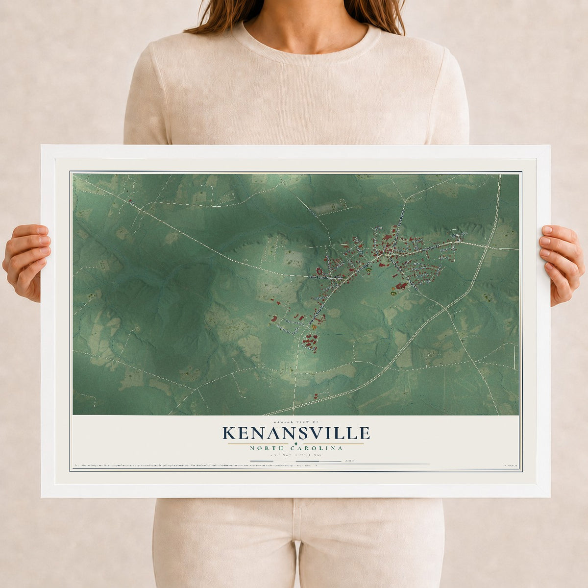 Map of Kenansville, North Carolina, 12 x 18 inch print in a white wood frame