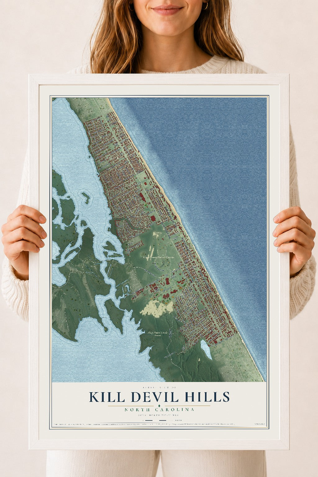Map of Kill Devil Hills, North Carolina, 18 x 24 inch print in a white wood frame