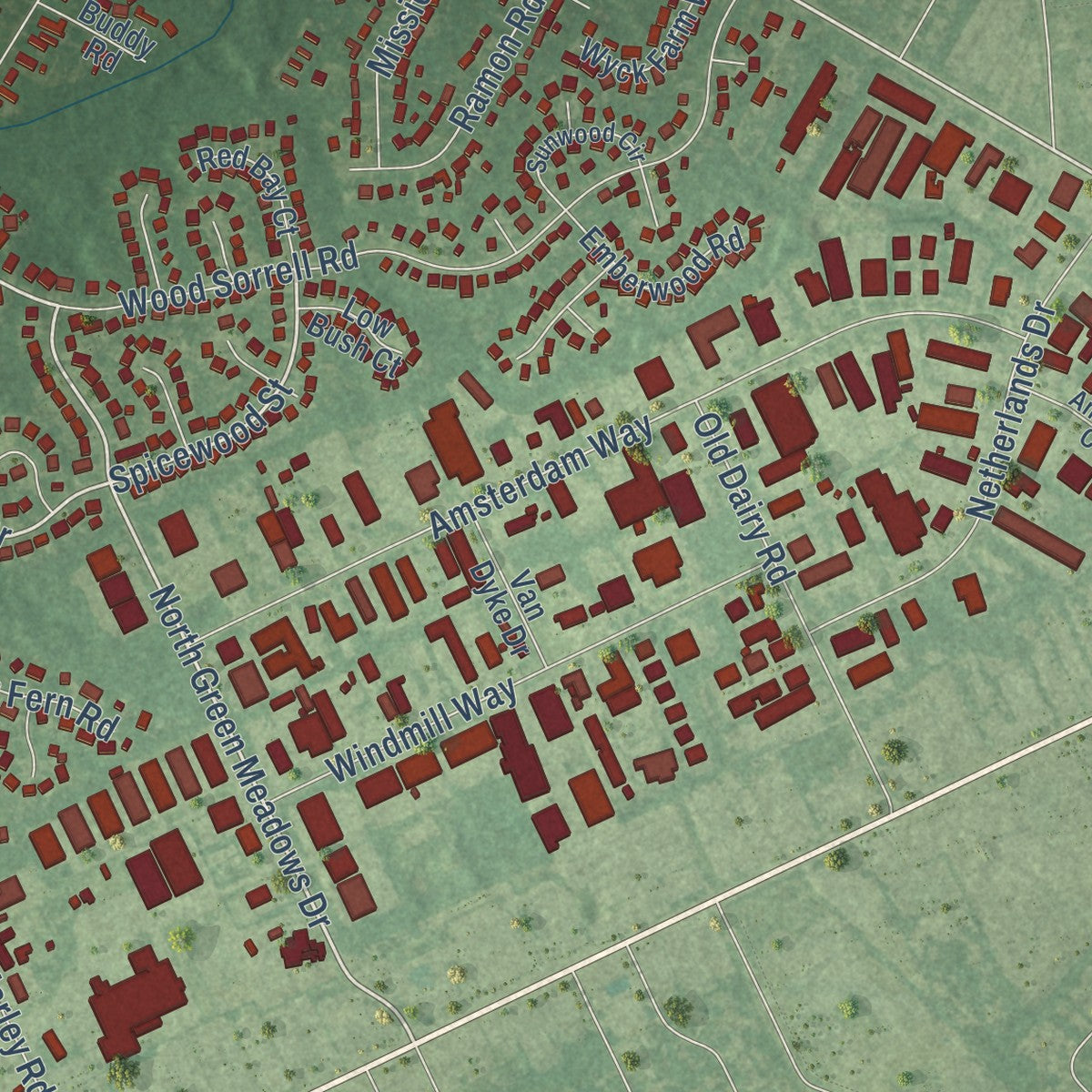 Close-up of the map of Kings Grant, North Carolina print showing street and building detail