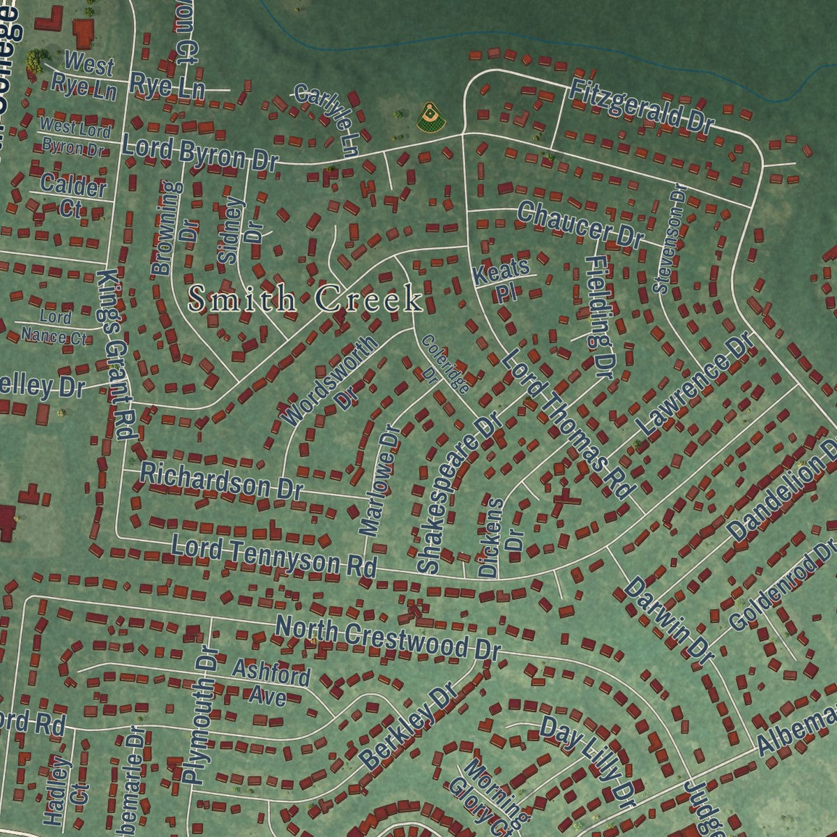 Second close-up of the map of Kings Grant, North Carolina print showing more streets and buildings