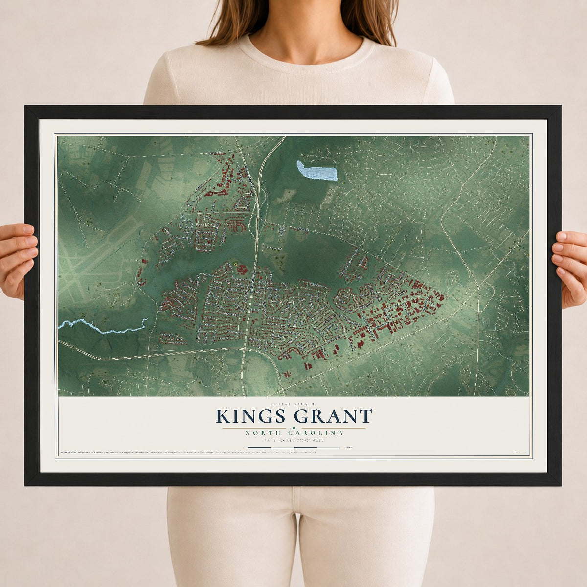 Map of Kings Grant, North Carolina, 18 x 24 inch print in a black wood frame