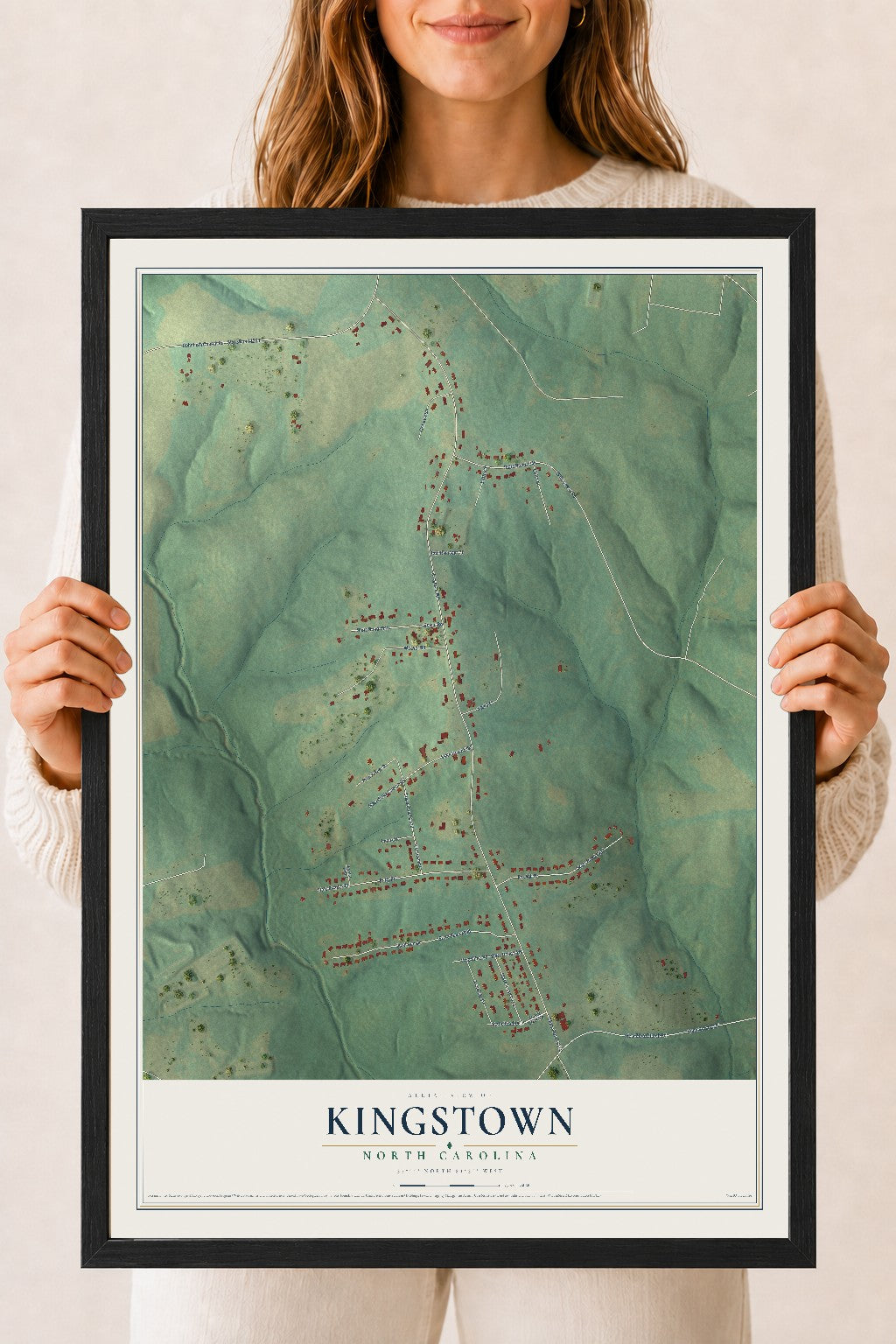 Map of Kingstown, North Carolina, 18 x 24 inch print in a black wood frame