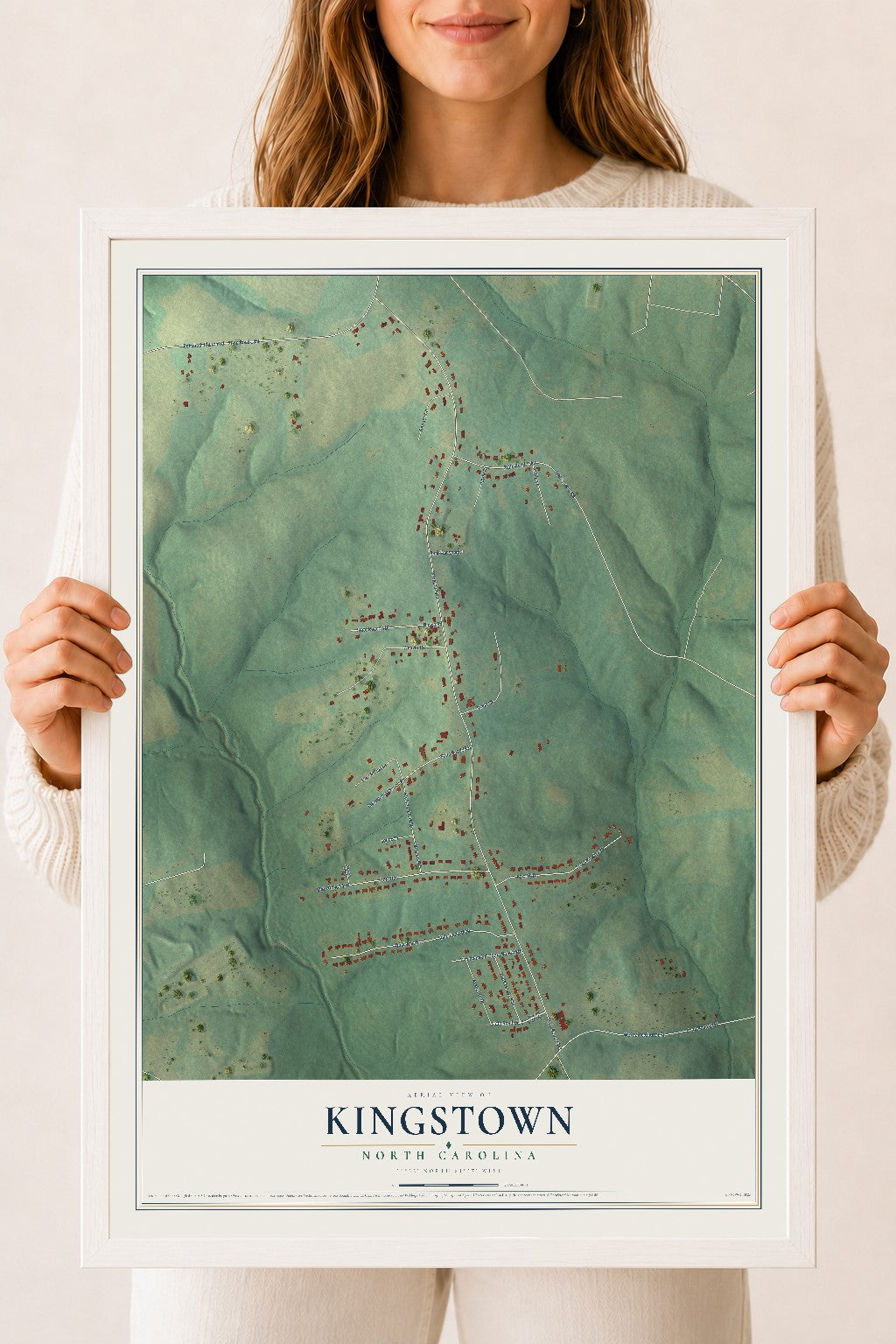 Map of Kingstown, North Carolina, 18 x 24 inch print in a white wood frame