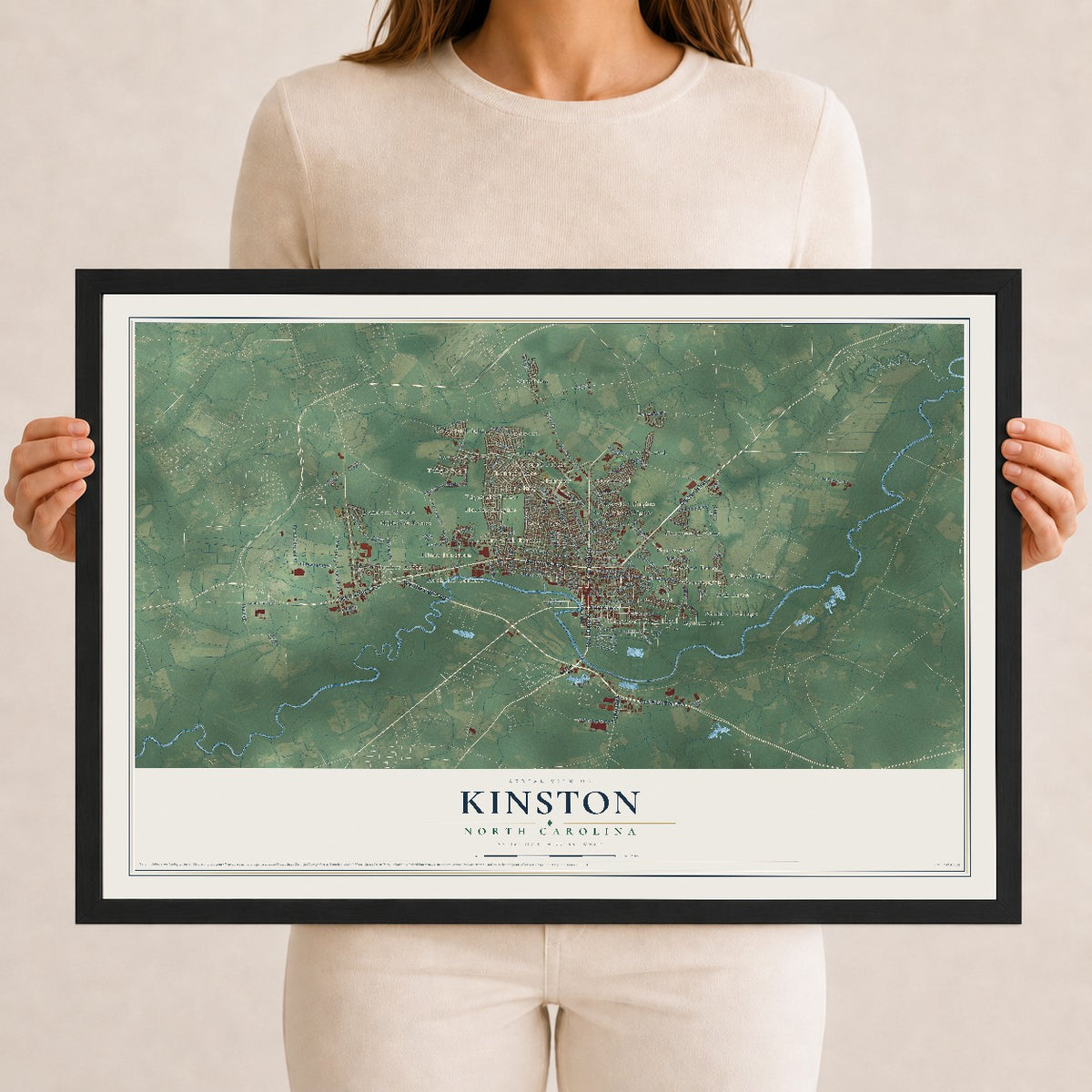 Map of Kinston, North Carolina, 12 x 18 inch print in a black wood frame