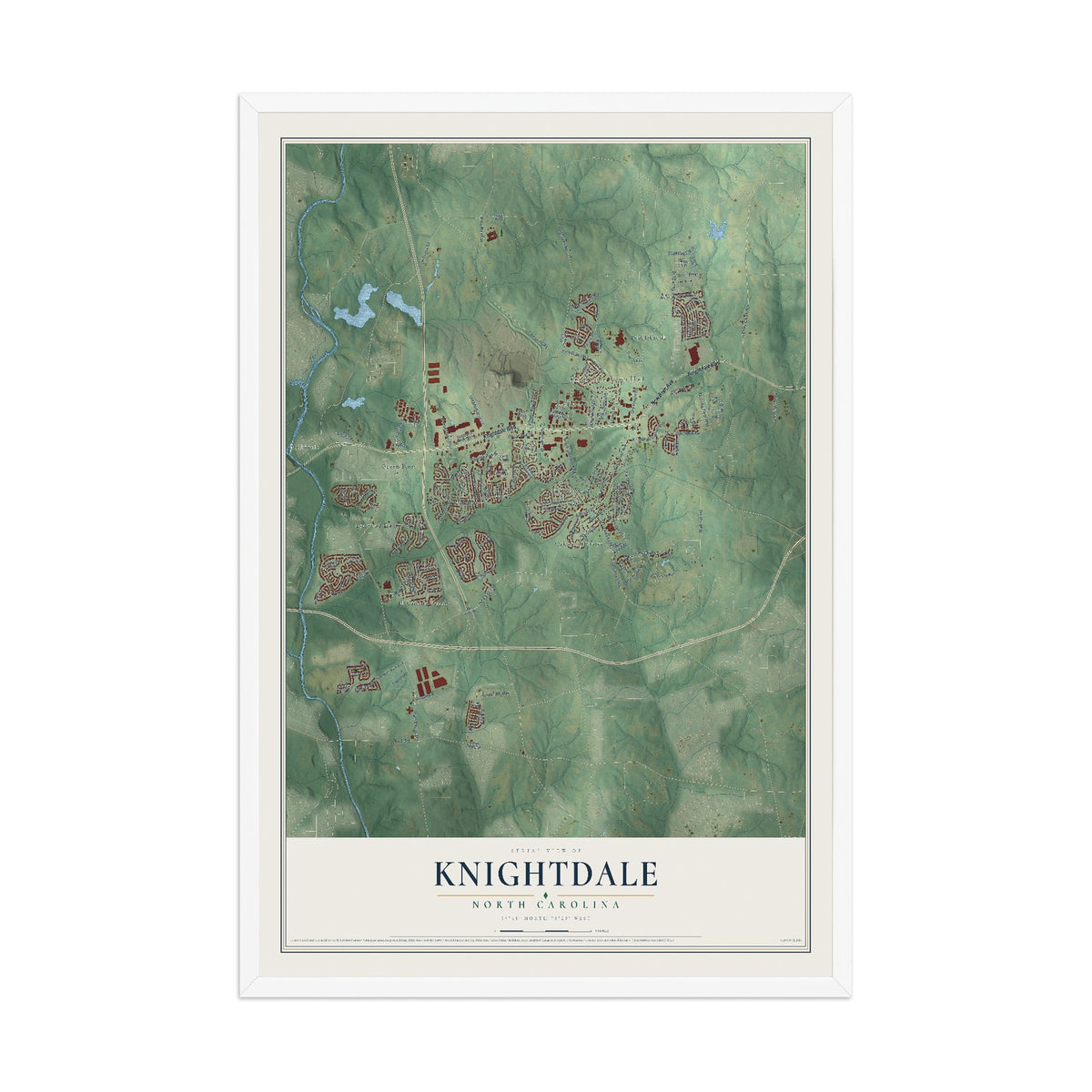 Map of Knightdale, North Carolina, 12 x 18 inch print in a white wood frame
