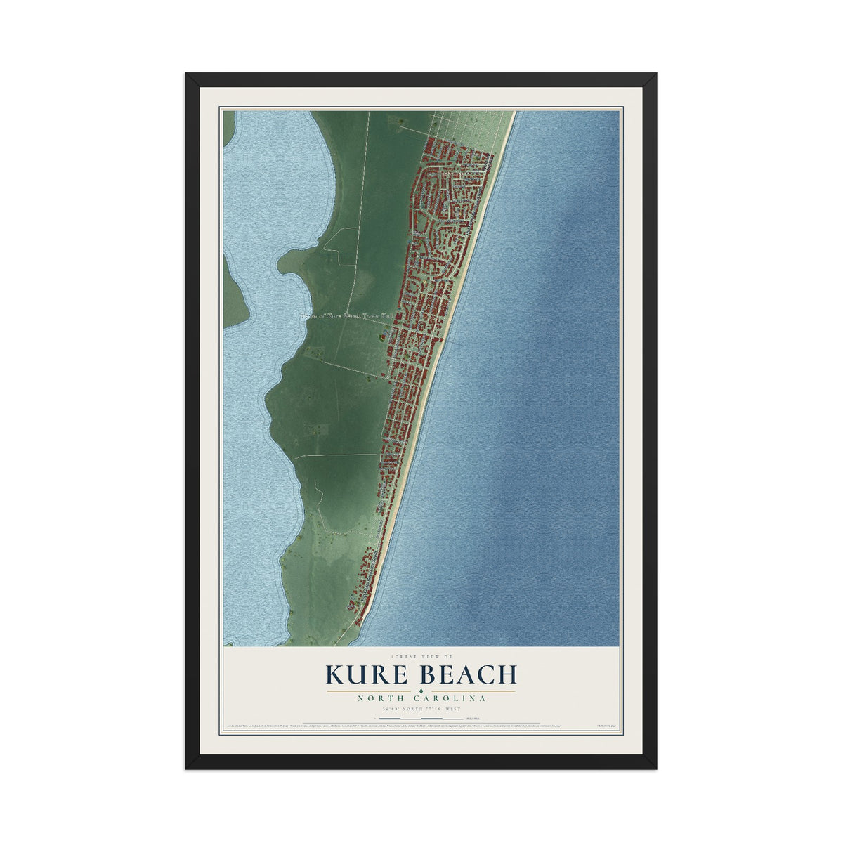 Map of Kure Beach, North Carolina, 12 x 18 inch print in a black wood frame