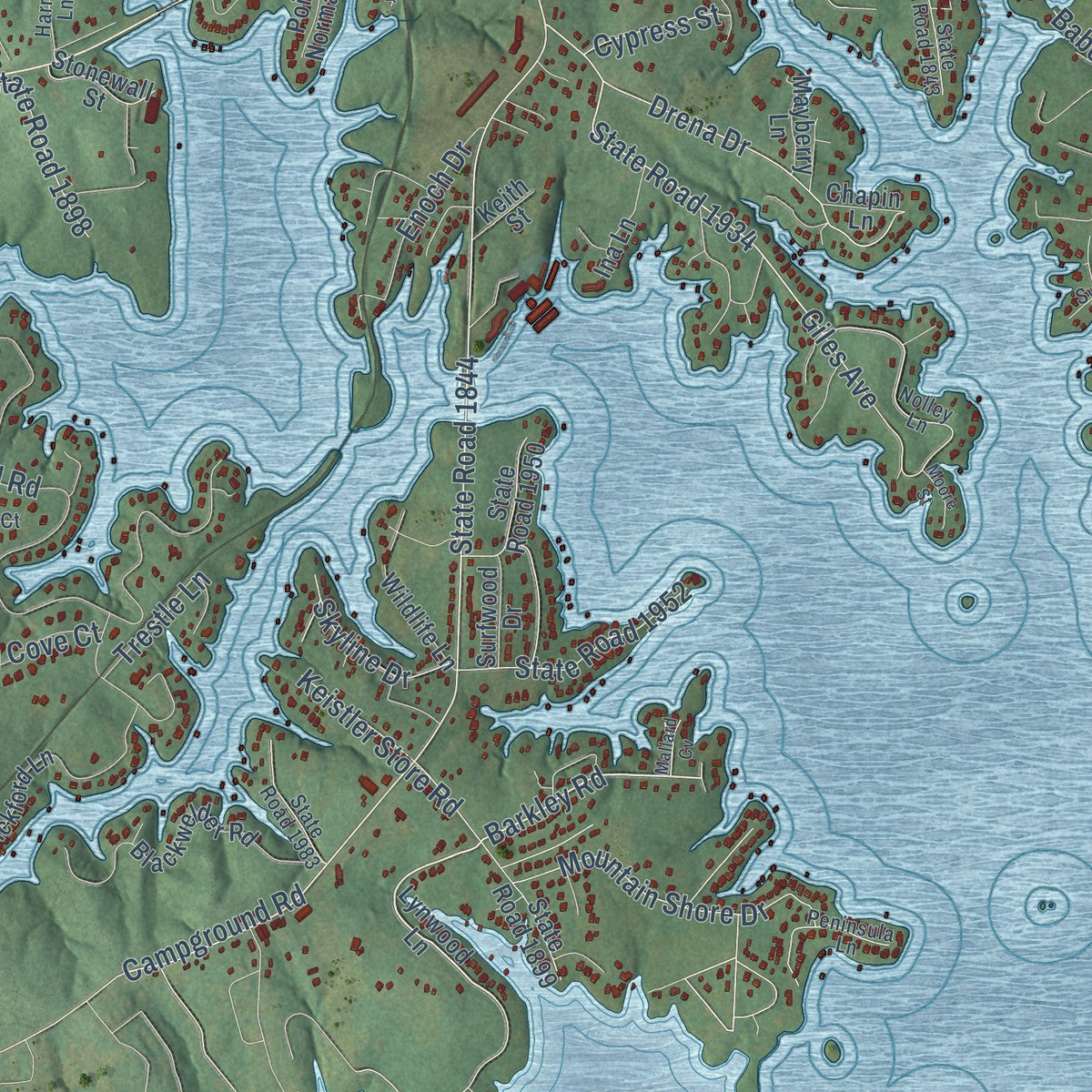 Close-up of the map of Lake Norman of Catawba, North Carolina print showing street and building detail