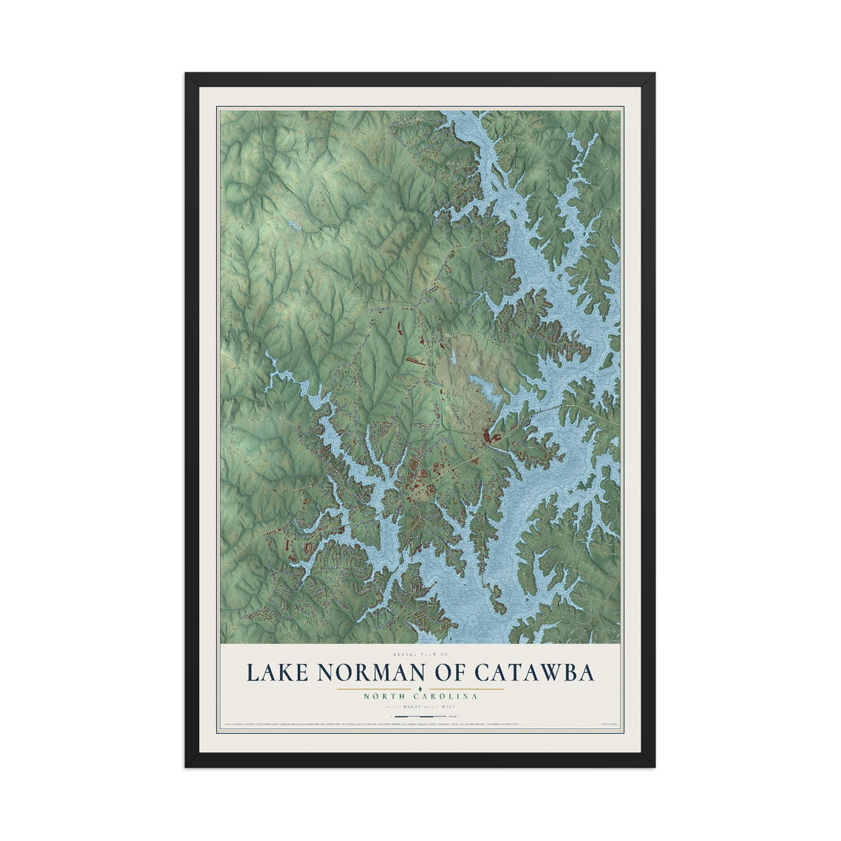 Map of Lake Norman of Catawba, North Carolina, 12 x 18 inch print in a black wood frame