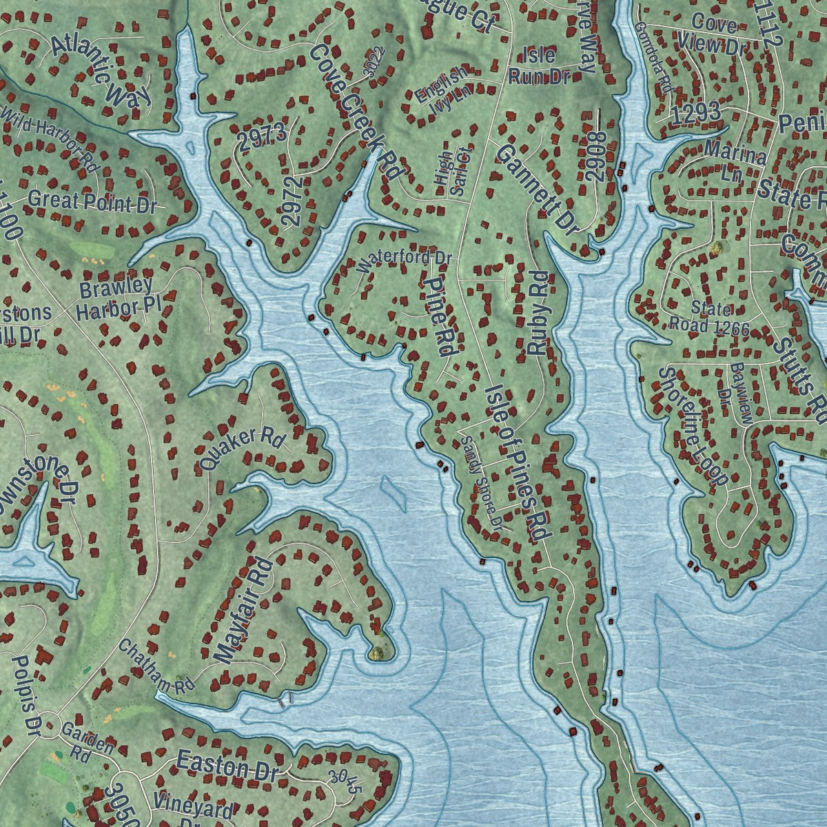 Close-up of the map of Lake Norman of Iredell, North Carolina print showing street and building detail