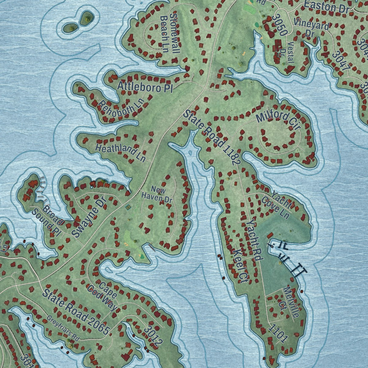 Second close-up of the map of Lake Norman of Iredell, North Carolina print showing more streets and buildings