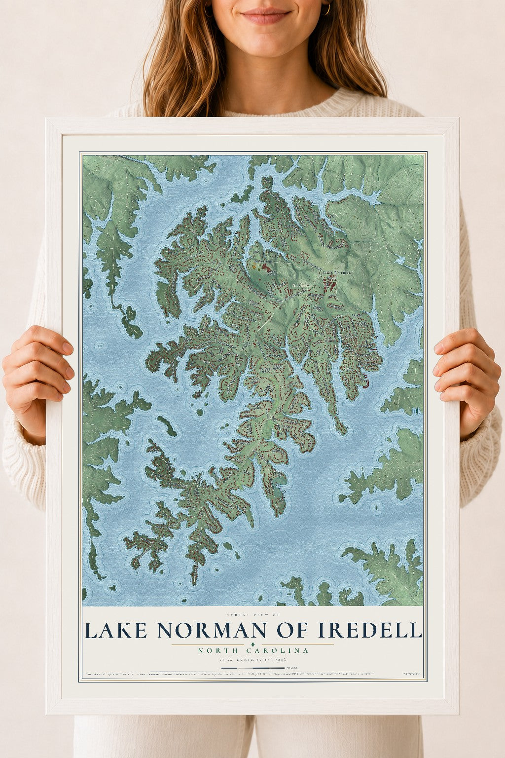 Map of Lake Norman of Iredell, North Carolina, 18 x 24 inch print in a white wood frame