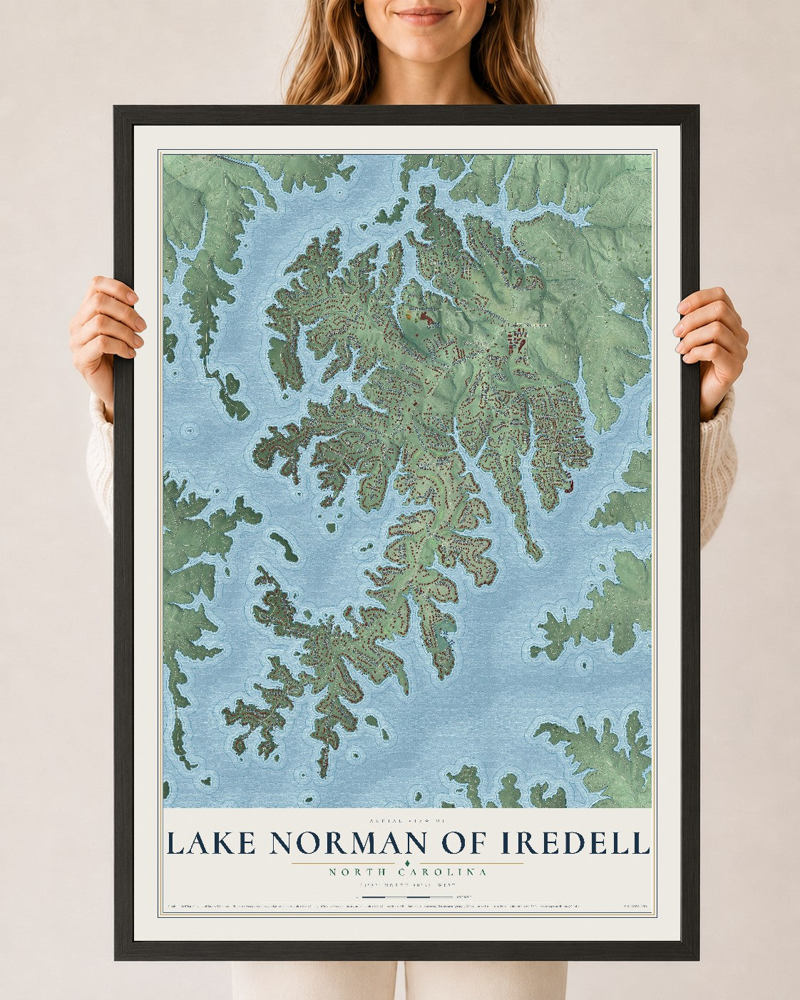 Map of Lake Norman of Iredell, North Carolina, 24 x 36 inch print in a black wood frame
