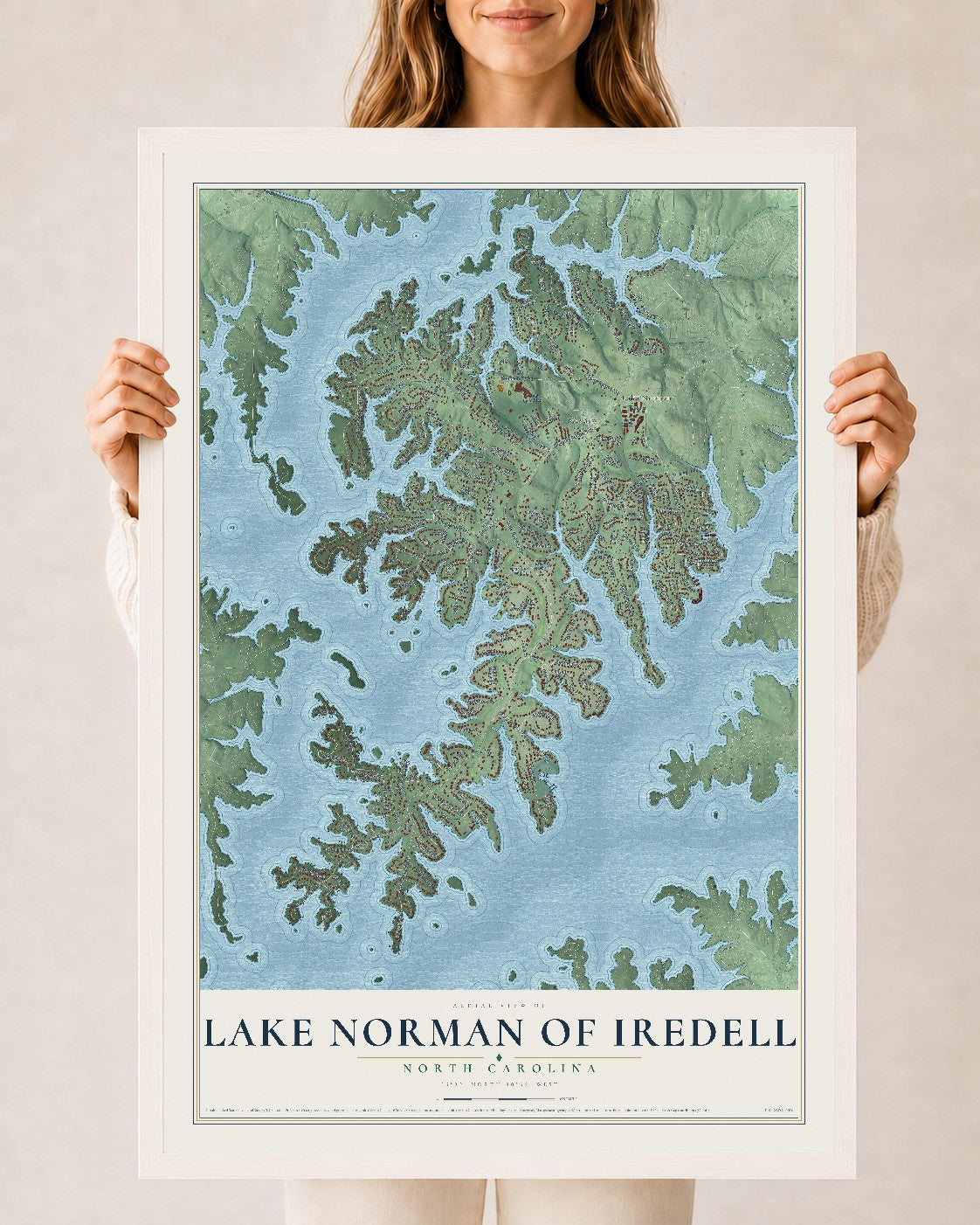 Map of Lake Norman of Iredell, North Carolina, 24 x 36 inch print in a white wood frame