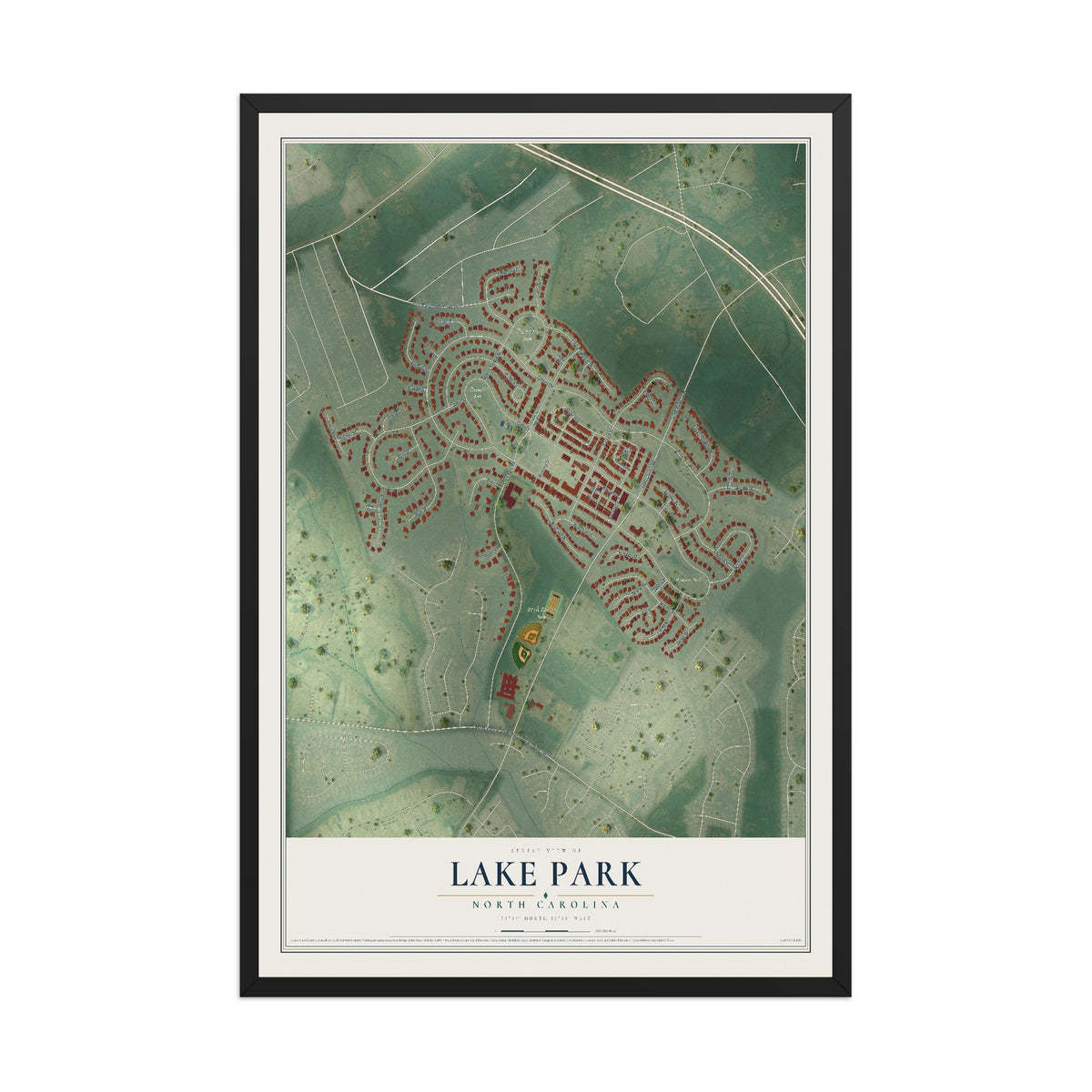 Map of Lake Park, North Carolina, 12 x 18 inch print in a black wood frame