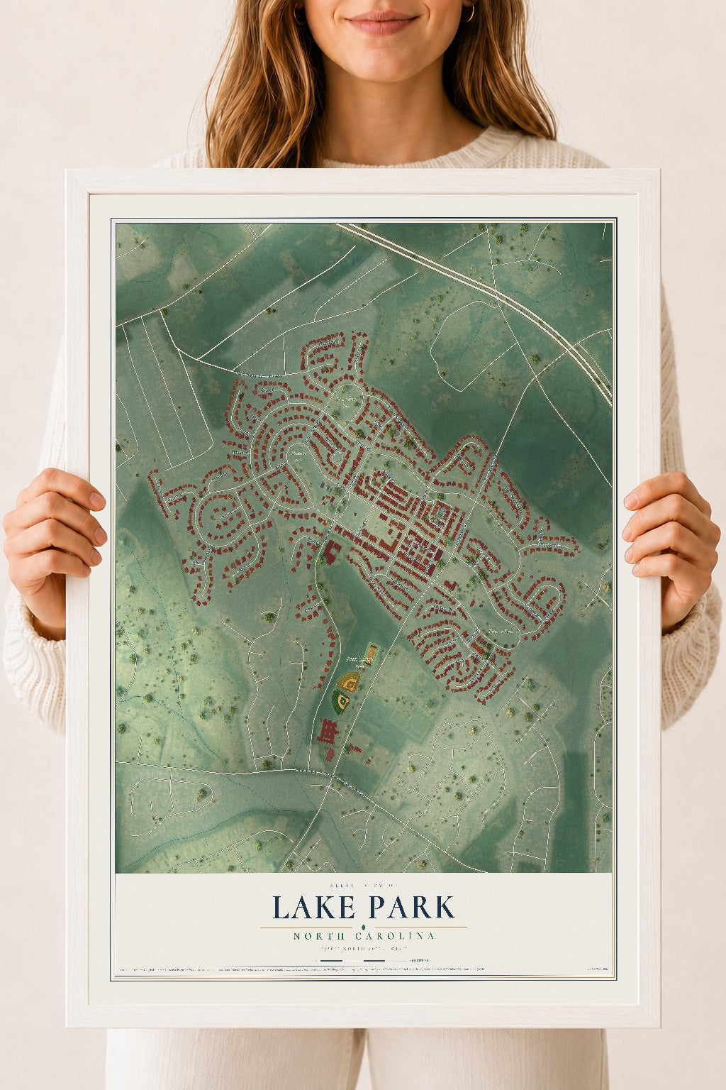 Map of Lake Park, North Carolina, 18 x 24 inch print in a white wood frame