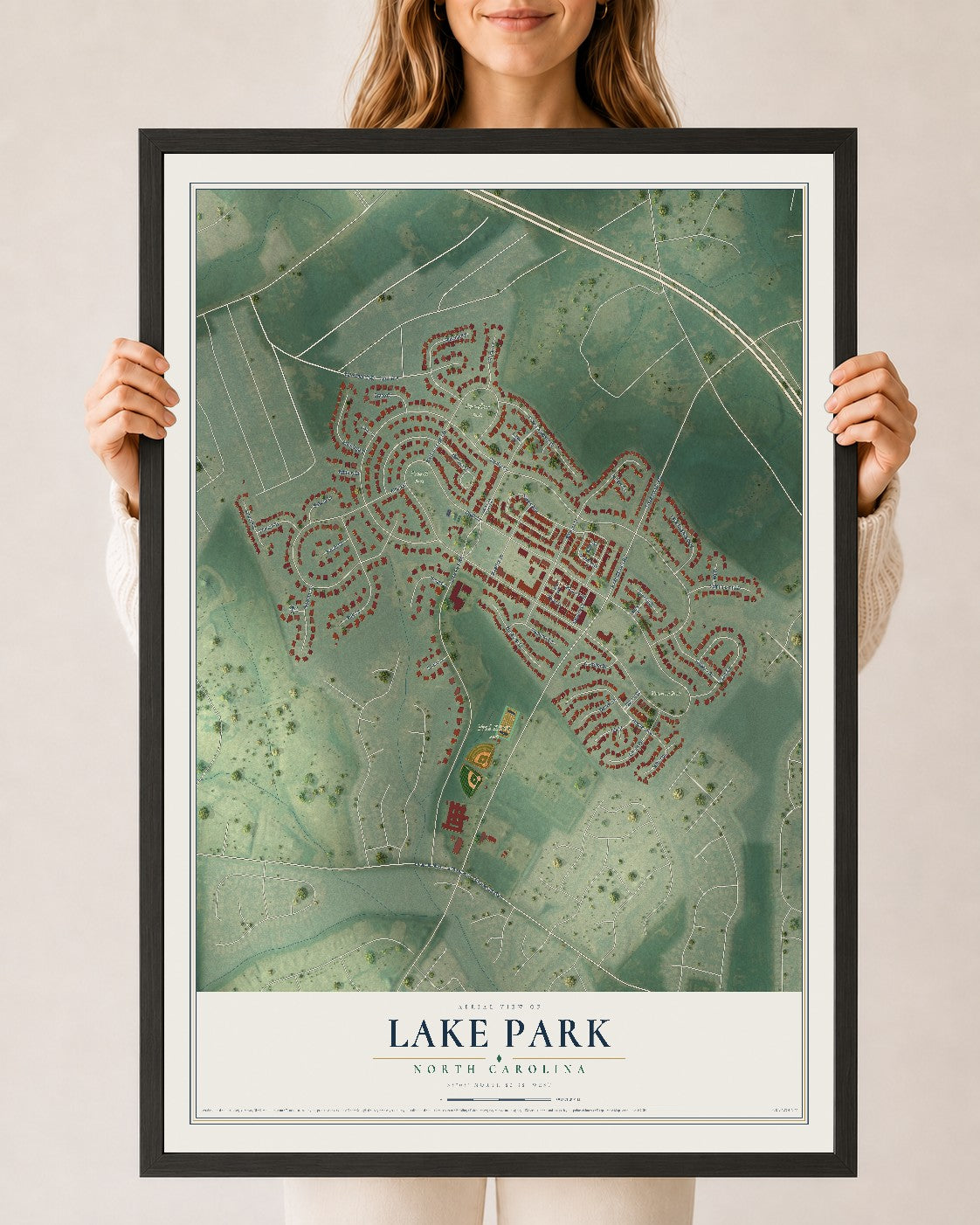 Map of Lake Park, North Carolina, 24 x 36 inch print in a black wood frame