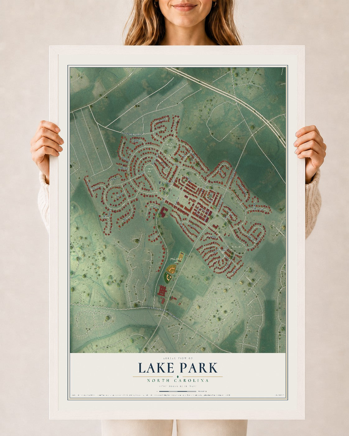 Map of Lake Park, North Carolina, 24 x 36 inch print in a white wood frame