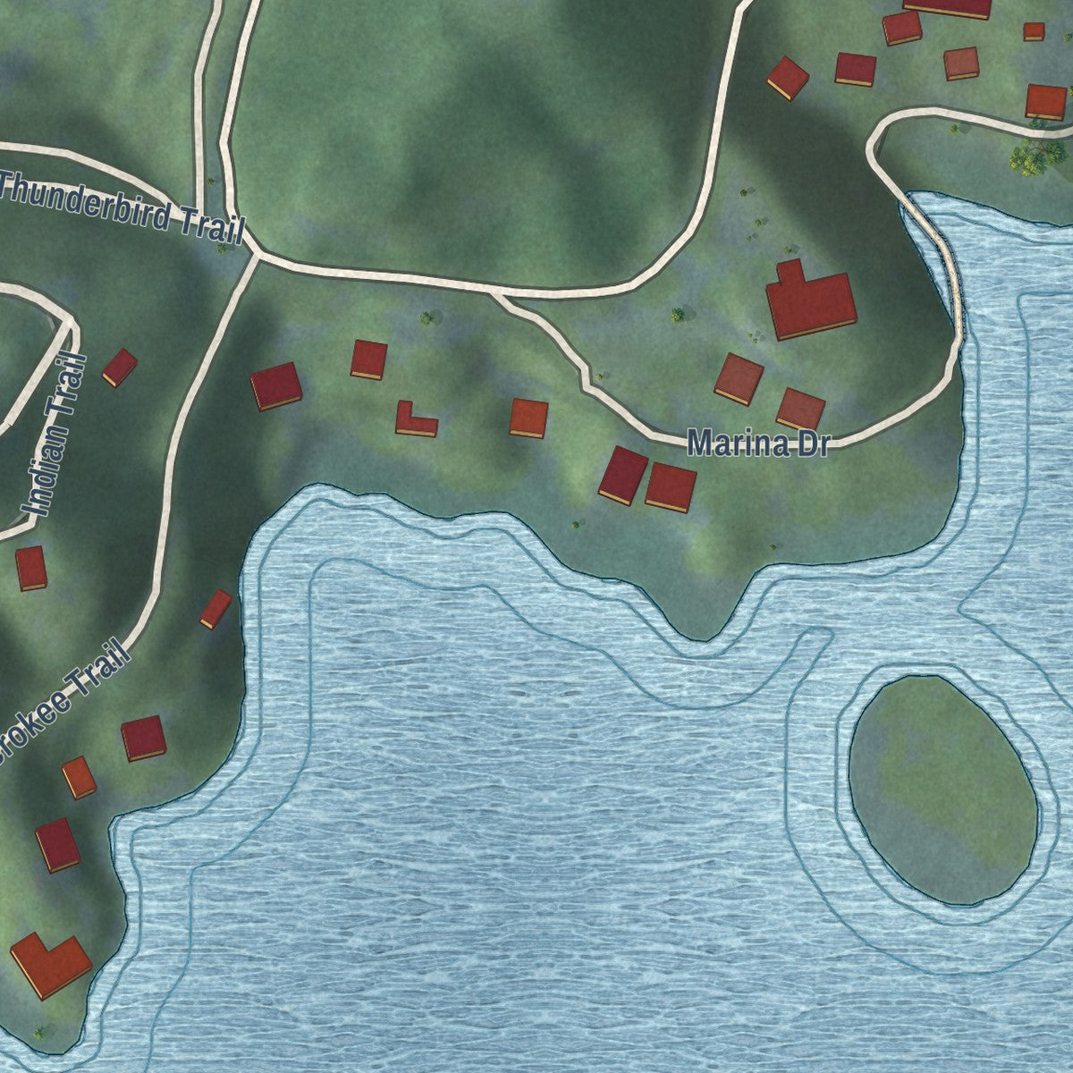 Second close-up of the map of Lake Santeetlah, North Carolina print showing more streets and buildings