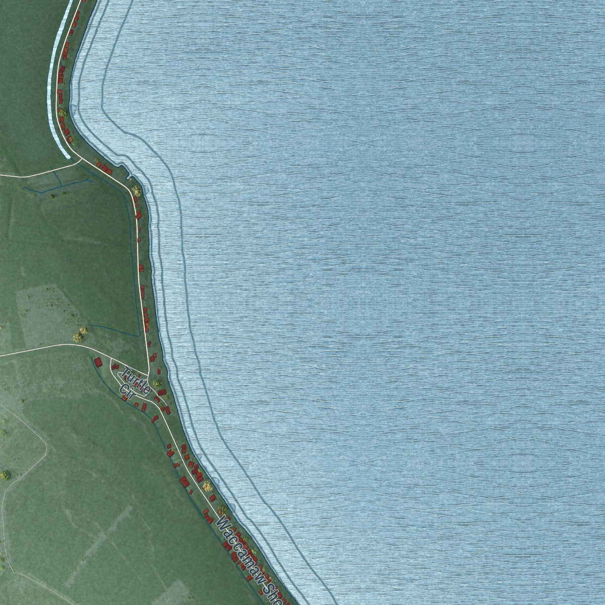 Second close-up of the map of Lake Waccamaw, North Carolina print showing more streets and buildings