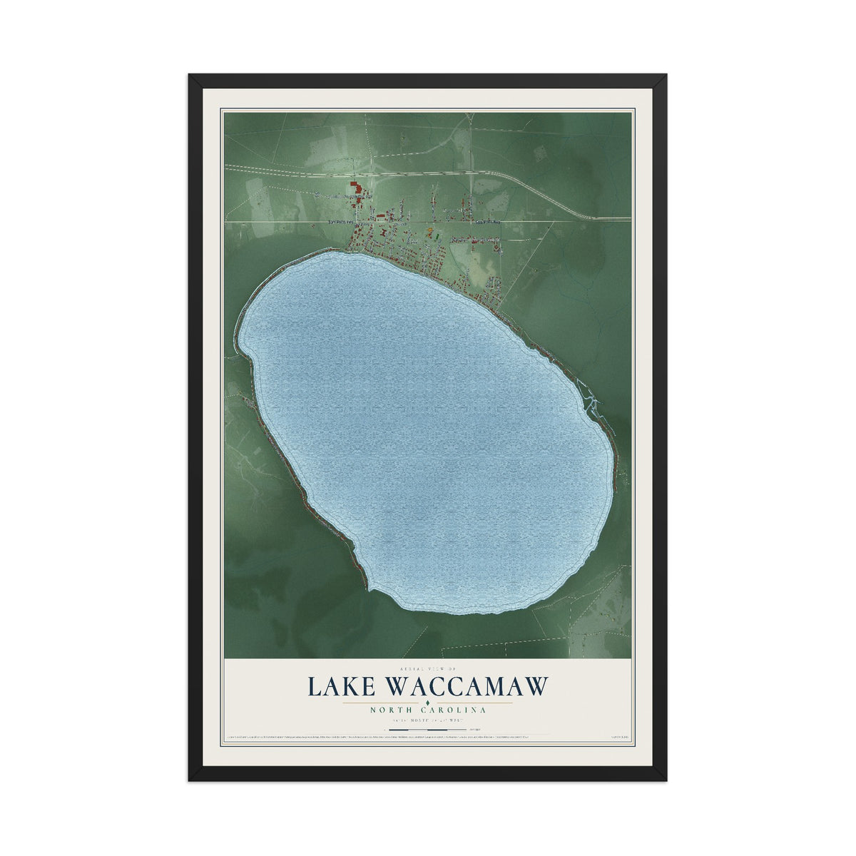 Map of Lake Waccamaw, North Carolina, 12 x 18 inch print in a black wood frame