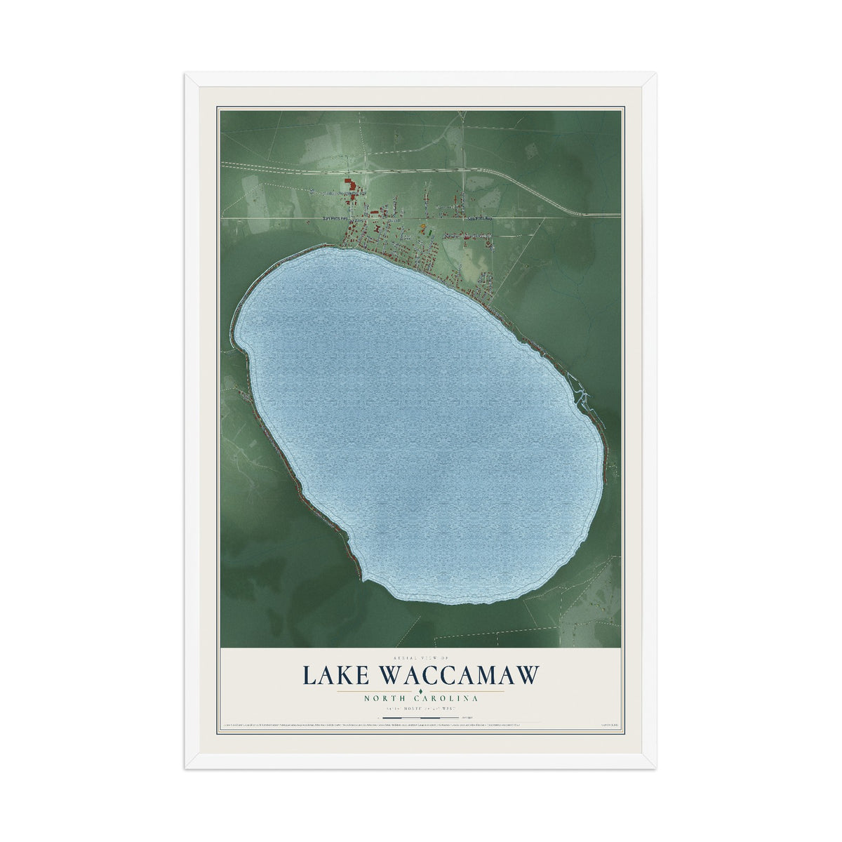 Map of Lake Waccamaw, North Carolina, 12 x 18 inch print in a white wood frame