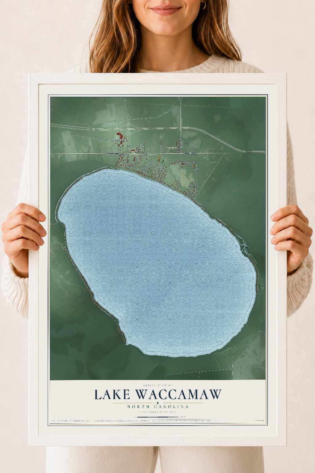 Map of Lake Waccamaw, North Carolina, 18 x 24 inch print in a white wood frame
