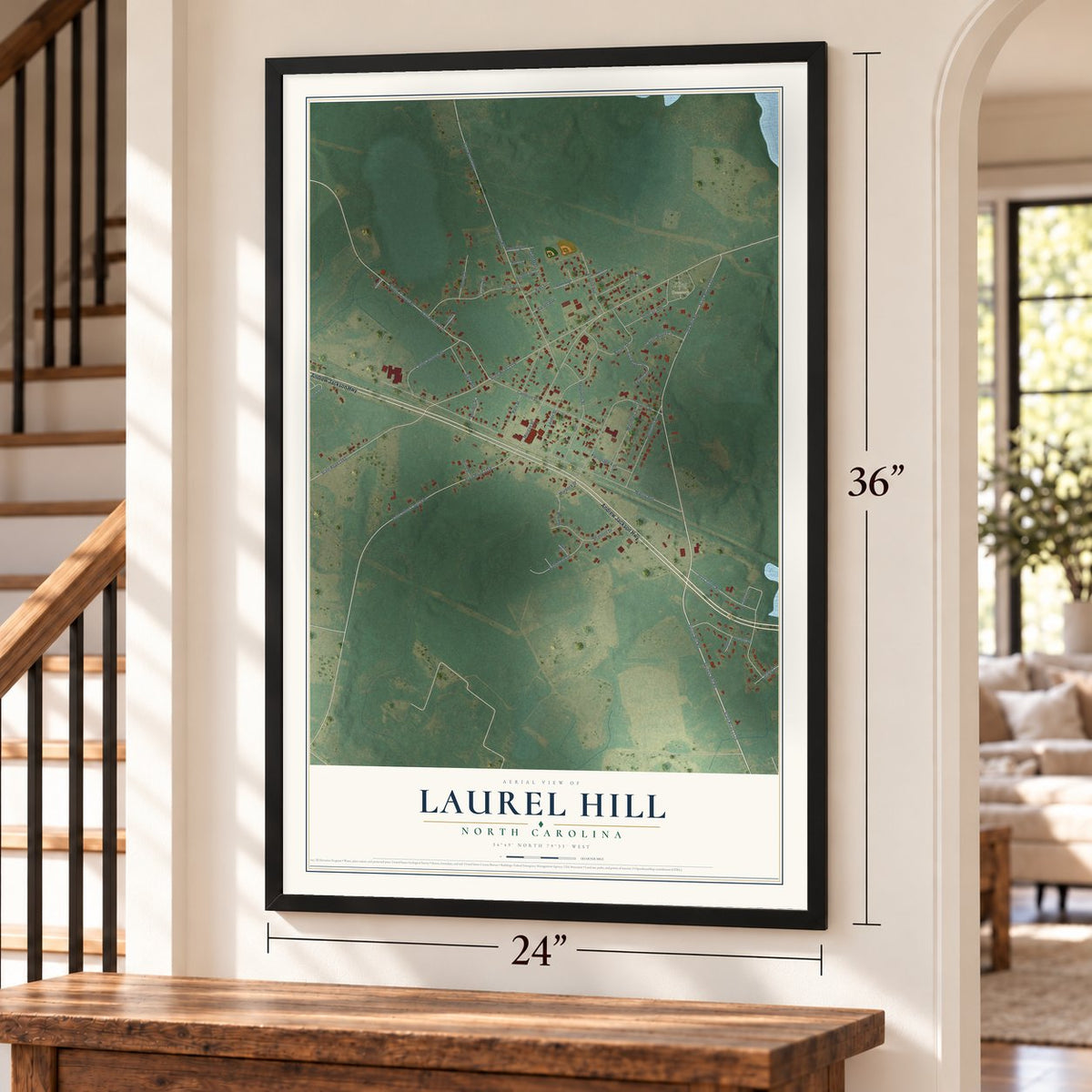 Laurel Hill, North Carolina map, 24 x 36 inch print in a black frame by a staircase