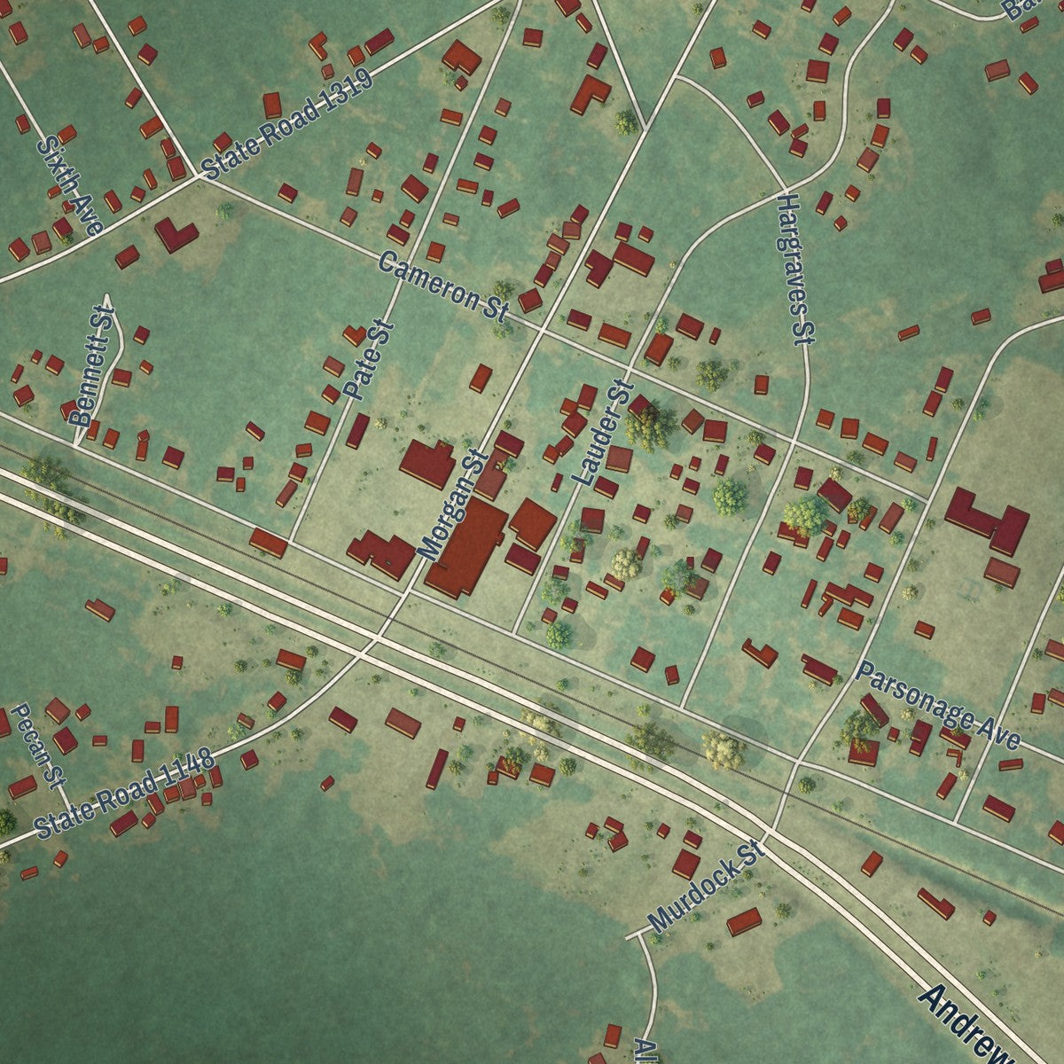 Close-up of the map of Laurel Hill, North Carolina print showing street and building detail