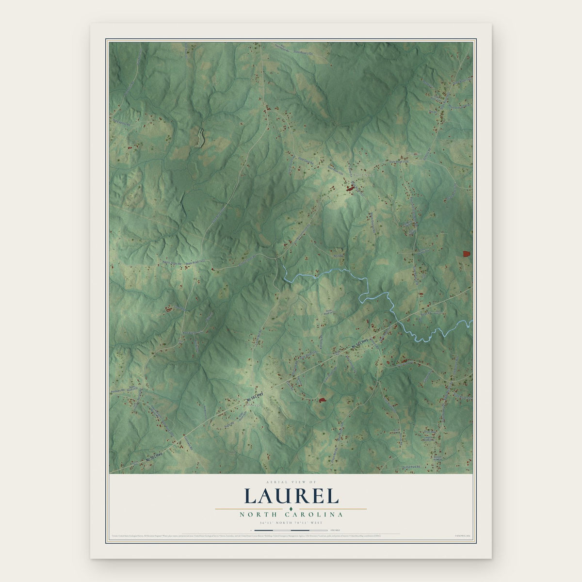 Laurel, North Carolina map print, the full design