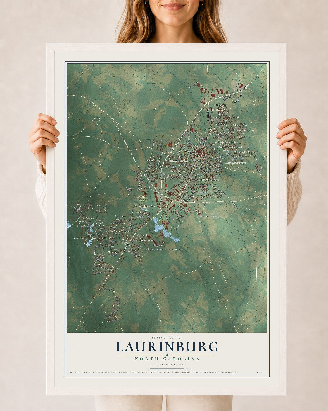 Map of Laurinburg, North Carolina, 24 x 36 inch print in a white wood frame