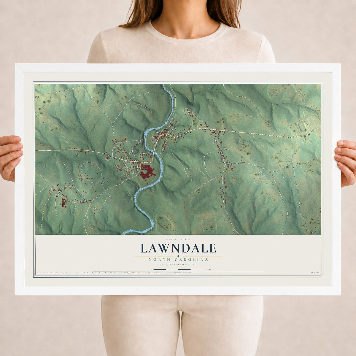 Map of Lawndale, North Carolina, 18 x 24 inch print in a white wood frame