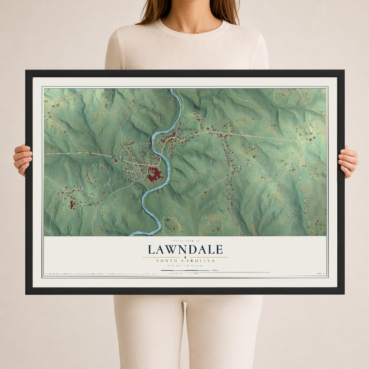 Map of Lawndale, North Carolina, 24 x 36 inch print in a black wood frame