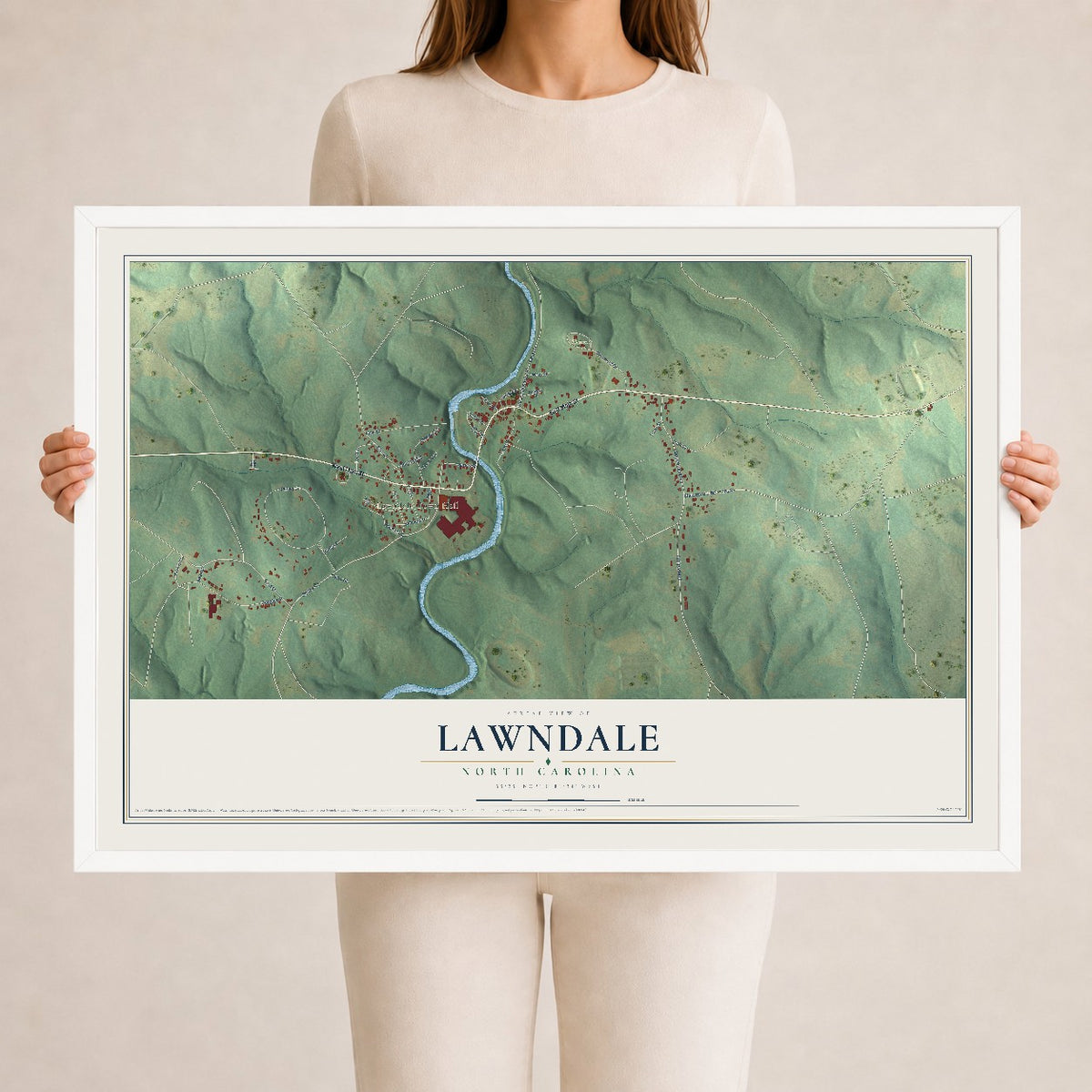 Map of Lawndale, North Carolina, 24 x 36 inch print in a white wood frame