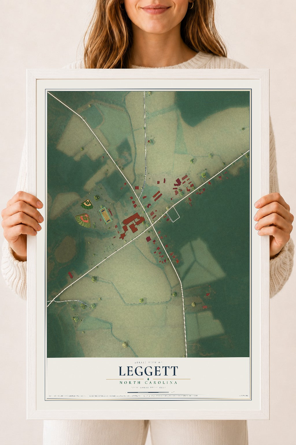 Map of Leggett, North Carolina, 18 x 24 inch print in a white wood frame