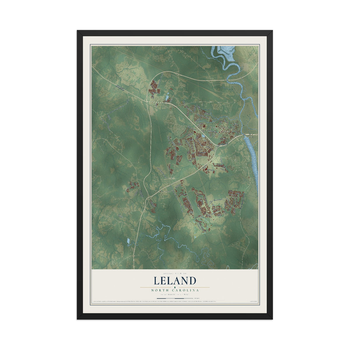 Map of Leland, North Carolina, 12 x 18 inch print in a black wood frame