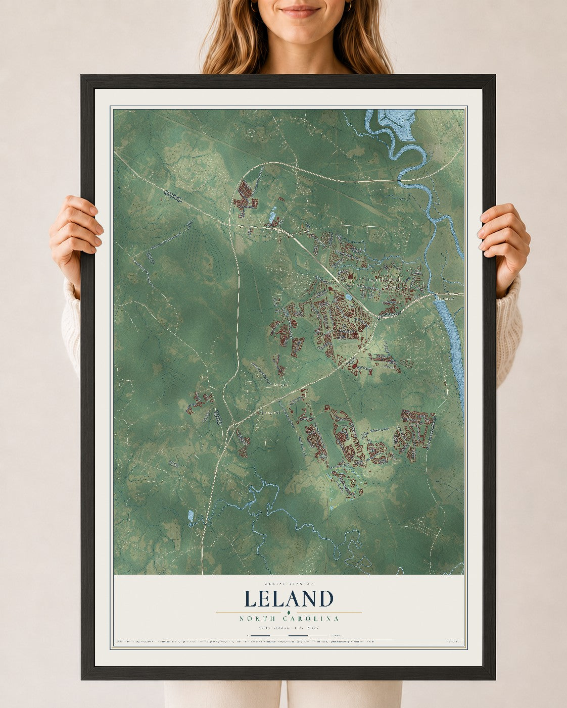 Map of Leland, North Carolina, 24 x 36 inch print in a black wood frame