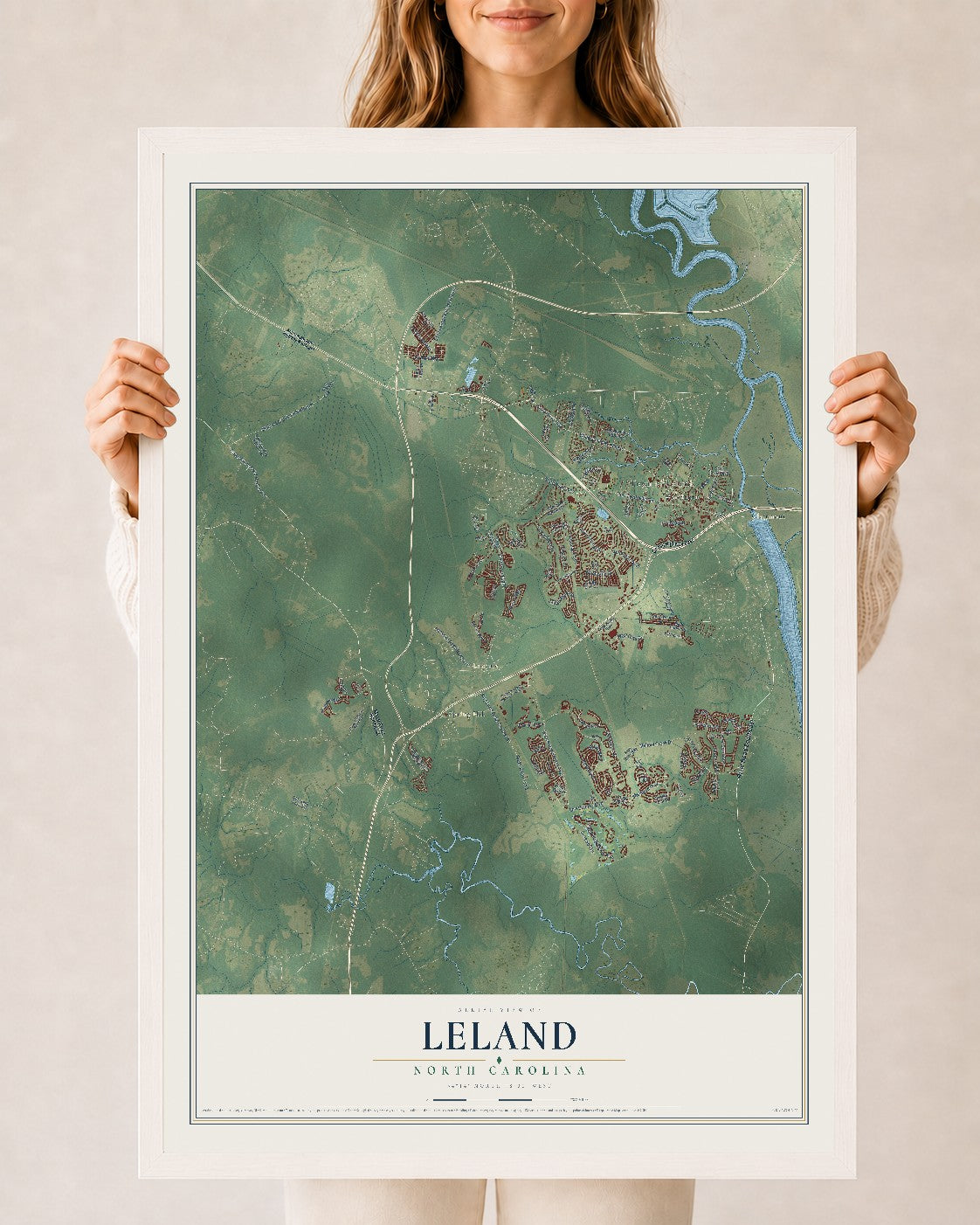 Map of Leland, North Carolina, 24 x 36 inch print in a white wood frame