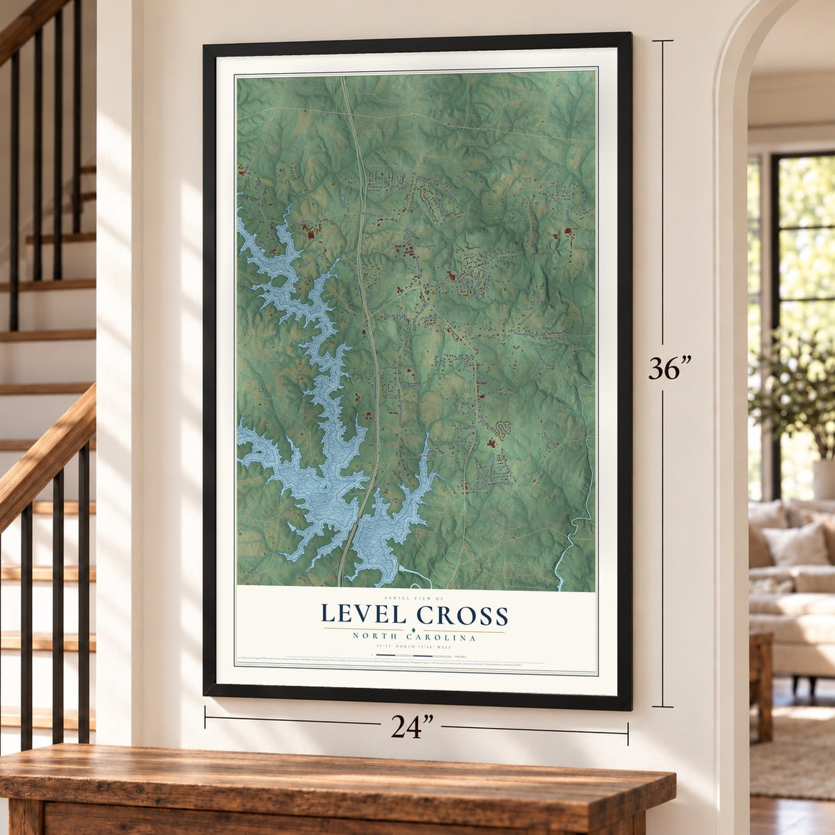 Level Cross, North Carolina map, 24 x 36 inch print in a black frame by a staircase