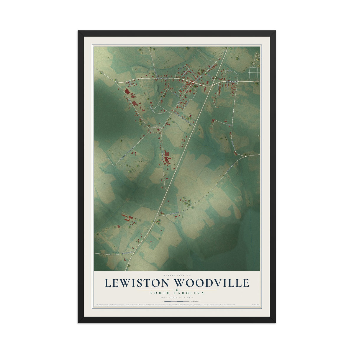 Map of Lewiston Woodville, North Carolina, 12 x 18 inch print in a black wood frame